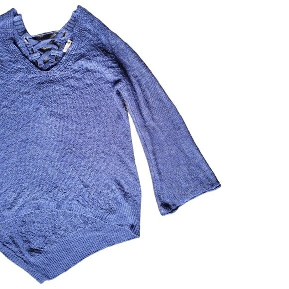 Democracy Blue Lace-up Bell Sleeve Asymmetrical/High-Low Sweater - XL - Picture 3 of 12